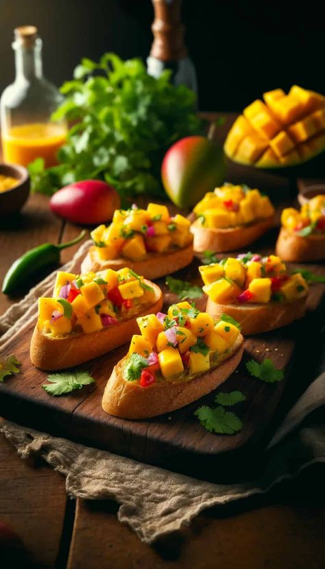 Mango Bruschetta - World Cuisines Network Mango Bruschetta, Mango Appetizer, Bbq Pulled Chicken Sandwiches, Pulled Chicken Sandwiches, Easy Buffalo Chicken, Plating Ideas, Simple Vinaigrette, Brunch Spread, Bruschetta Recipe