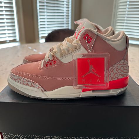 Women’s Air Jordan 3 Retro Rust Pink/Bright Crimson-Sail Never Worn! Box Included. Pink Jordan 3, Jordan 3 Retro Rust Pink, Jordan Pink, Fire Shoes, Jordan 3s, Nike Air Jordan 3, Pink Jordans, Jordan Retro 3, Pretty Sneakers