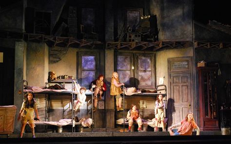 Annie. US National Tour. Scenic design by Beowulf Boritt. 2014 Annie Musical Set, Annie Play, Annie Costume, Annie Musical, New York Cityscape, Stage Set Design, Set Design Theatre, Theatre Set, Scene Design