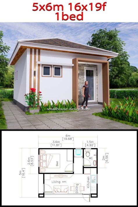 Small House Plans 5.5x6.5 With One Bedroom Hip Roof - One Bedroom Bungalow House Plans, One Bedroom House Plans Simple, Residential Plan, Camping House, One Bedroom House Plans, 1 Bedroom House Plans, One Bedroom House, Small House Layout, Affordable House Plans