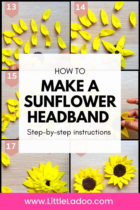 Sunflower made with felt step by step pictures How To Make Sunflower, Sunflower Headband, Fleece Headbands, Plastic Headband, Felt Sheets, Felt Craft, Cute Headbands, Sunflower Wreaths, Kids' Crafts