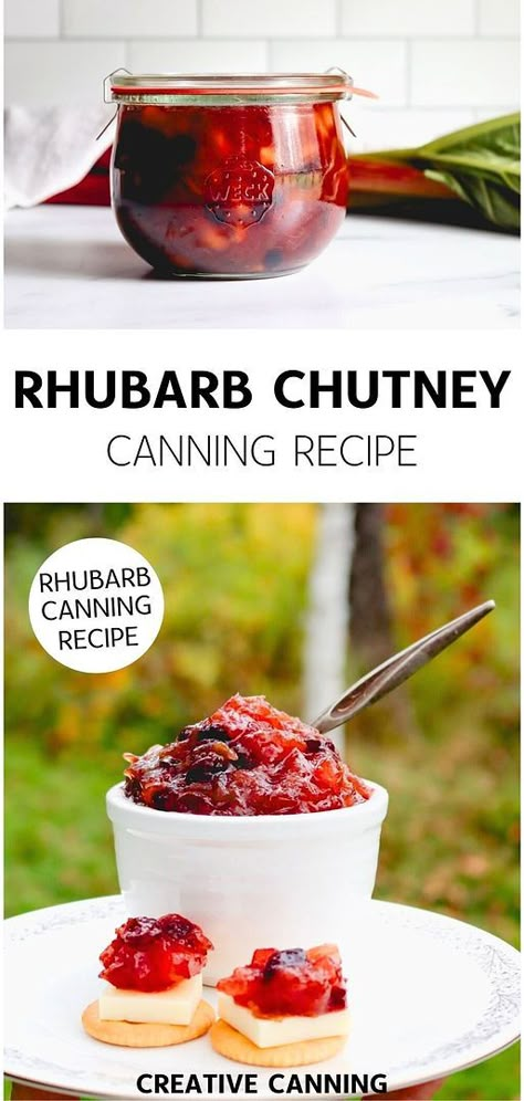 Explore the joys of rhubarb canning with this exquisite rhubarb chutney canning recipe. No pectin needed, just a mix of fresh or frozen rhubarb, apples, dried cranberries, and a dash of warm spices. It's an excellent way to preserve rhubarb and add a splash of zest to your meals all year long. Serve it with Indian samosas, papadam, or naan for a memorable dining experience. Discover more canning Indian food and cranberry recipes for canning at creativecanning.com Canning Rhubarb Recipes, Cranberry Rhubarb Recipes, Rhubarb Chutney Recipes, Rhubarb Canning Recipes, Rhubarb Relish, Creative Canning, Canning Fruit Recipes, Recipes For Canning, Indian Samosas