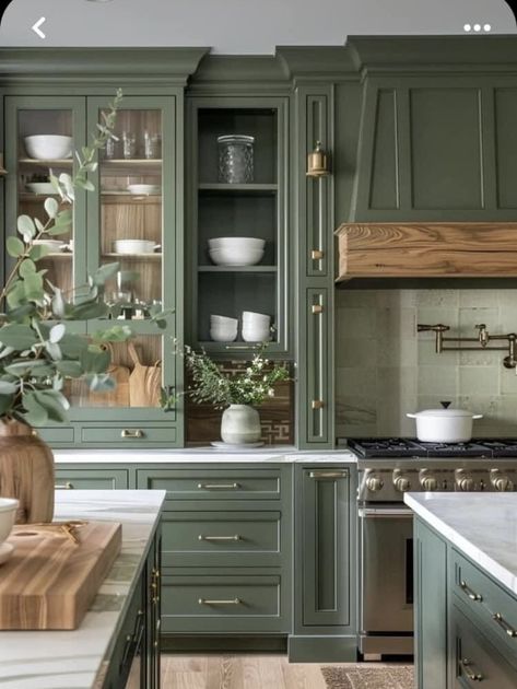 Country Kitchen Ideas Farmhouse Style, Green Country Kitchen, Pool House Kitchen, Kitchen Cupboard Colours, 2024 Color Palette, Kitchens Green, Kitchen Display Cabinet, Green Kitchens, Kitchen Farm