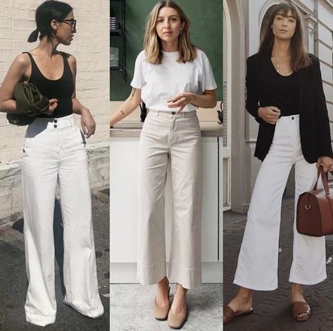 Cream Culottes Outfit, White Cullote Pants Outfit, Ivory Trousers Outfit, White Trouser Outfit Women, White Trousers Outfit Summer, Cream Wide Leg Jeans Outfit, Cream Trouser Outfit Women, White Trousers Outfit Classy, Ivory Pants Outfit