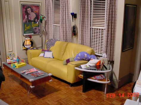 Joey and Chandler's Apartment Joey And Chandler, Friends Apartment, Yellow Couch, Friends Scenes, New York City Apartment, Friends Series, Production Design, Friends Set, Living Room Tv