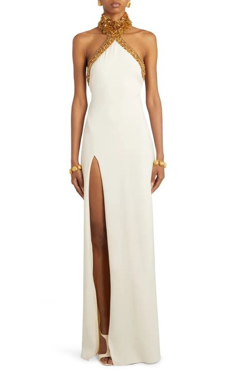 Women's Clothing | Nordstrom Halter Gala Dress, Tom Ford Gown, Gold Halter Dress, Long Beaded Dress, Henna Dress, Couture Evening Gowns, Tom Ford Dress, High Neck Gown, Halter Neck Gown