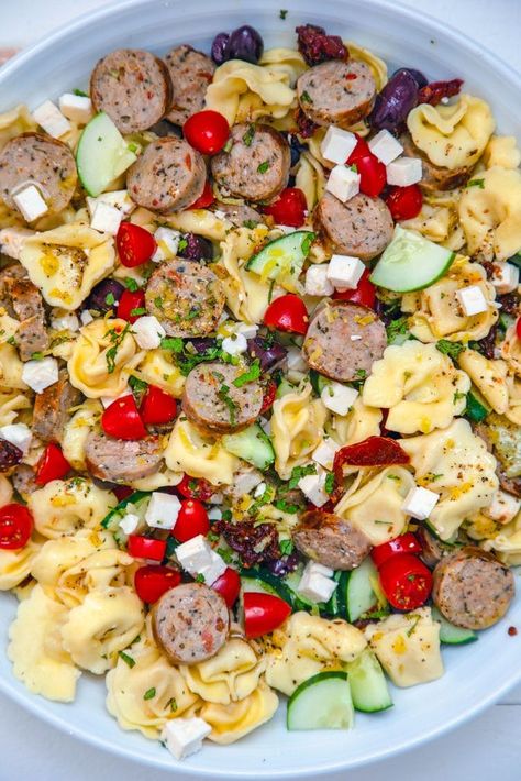 Tortillini Salad, Bring To A Bbq, Greek Tortellini, Greek Tortellini Salad, Chicken Greek, Sausage Salad, Chicken Sausage Pasta, Summer Pasta Salad Recipes, Pasta Salad With Tortellini