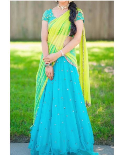 stitchkraft on Instagram: “Happy clients! One of our client wearing a sky blue, yellow half saree made by us! DM for orders or more details…” Sky Blue Half Saree, Yellow Half Saree, Blue And Yellow Dress, Haldi Dress, Langa Voni, Long Frock Designs, Frock Designs, Long Frock, Happy Clients