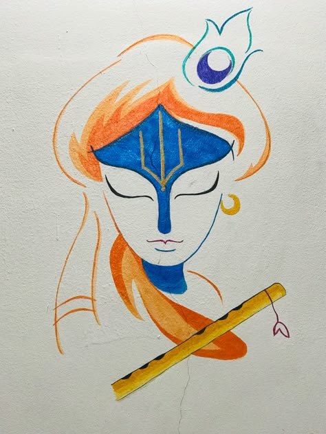 You can watch the full video of this painting in the link given above and also subscribe to AdKo Arts channel Wall Corner Painting Ideas, Krishna Wall Painting Ideas, Drawing On Walls Ideas Creative, Me As Painting, Easy Wall Drawing, Wall Sketch Ideas, Shri Krishna Drawing, Drawing Of God, Room Wall Drawing