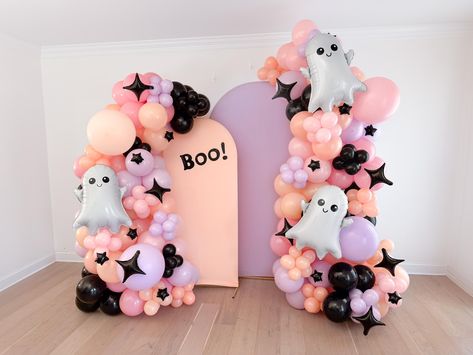 Halloween Themed Balloon Garland perfect for your Halloween Birthday or Bachelorette Party - This balloon garland kit contains the same color latex balloons as what is pictured - The quantity of each latex balloon color is dependent on the garland size selected from the drop down menu (pictured is a 20ft garland) - The white ghosts, "BOO!" sticker, and black stars are add-on items. Please select these items from the drop down menu. - Please note the backdrop and stand are not included and are no Balloon Daisy, Themed Balloon Garland, Two Spooky, Garland Balloon, Halloween First Birthday, Spooky One, Balloon Kits, One Balloon, Halloween Balloons