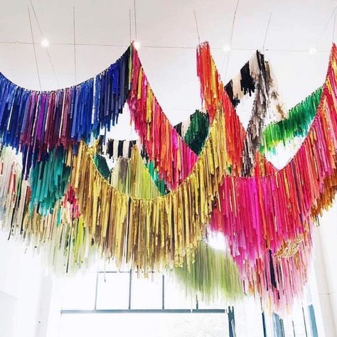 Balloon And Fringe Ceiling, Diy Ceiling Fringe, Fringe Ceiling Decor, Waffle Wedding, Forever Young Party, Tulle Ceiling, Fringe Ceiling, Fringe Wall, Panda Theme