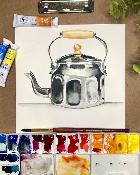 Capturing the timeless charm of this vintage kettle with the magic of watercolor 🎨✨ There’s something so satisfying about bringing everyday objects to life on paper, don’t you think? This piece was a joy to create, playing with light and shadow to highlight the kettle’s unique character. Have you ever tried painting metallic objects? Let me know in the comments! #WatercolorPainting #TraditionalArt #ArtOfTheDay #WatercolorArt #StillLifePainting #ArtisticExpression #HandmadeArt #WatercolorLo... Watercolor Everyday Objects, Kettle Painting, Metallic Objects, Vintage Kettle, Playing With Light, Metallic Object, So Satisfying, Everyday Objects, Still Life Painting