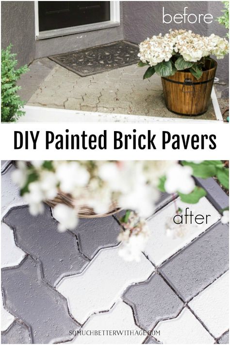 DIY Painted Brick Pavers For the Summer | So Much Better With Age | I gave my front porch a makeover by painting the paver stones with white and gray paint and it turned out amazing! #entries #outdoorliving #summerstyle #DIY Painting Brick Patio, Paint Brick Pavers, Paint Pavers Patio, Paint Concrete Pavers, Painted Brick Pavers, Painting Pavers Bricks, Painted Brick Patio, Painted Pavers Ideas, Paint Pavers