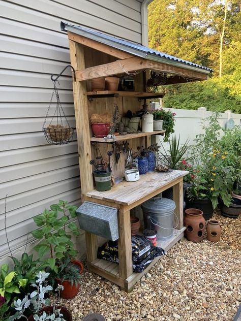 Herbalist She Shed, Diy Garden Shed Cheap Simple, Potting Bench With Roof, Potting Bench Ideas With Sink, Outdoor Potting Bench Ideas, Garden Potting Station, Potting Shed Interior Ideas, Garden Shed Exterior Ideas, Diy Potting Table