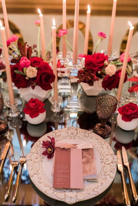 WedLuxe Magazine Be My Valentine Valentines Wedding Centerpieces, Vintage Valentine Wedding, Wedding Table Place Settings, Birthday 27, 26 Birthday, Elopement Photoshoot, Red Wedding Decorations, Berry Wedding, Valentines Wedding