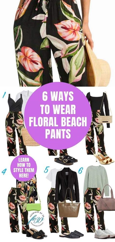 Style one pair of floral print resort wear beach pants 6 ways and pack light on vacation. Here's how to style them. #travelstyle #styletips #howtowear What To Wear With Beach Pants, How To Style Printed Pants, Floral Palazzo Pants Outfit, Pixie Pants Outfit, Palazzo Outfit, Petal Pants, Floral Pants Outfit, Palazzo Pants Outfit, Tropical Pants