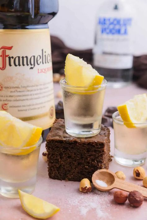 Chocolate Cake Shots Frangelico, Chicolate Cake, Chocolate Cake Shot, Lemon Garnish, Birthday Cake Shots, Cake Shooters, Cake Shot, National Chocolate Cake Day, Fluffy Chocolate Cake