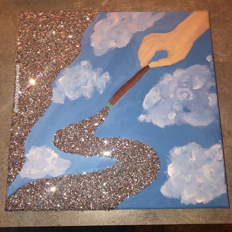 Tarot Canvas Painting, Canvas Painting With Glitter, Canvas Painting Ideas For Smokers, Backwoods Painting, Glitter Drawing Ideas, Pothead Painting, High Paintings On Canvas, High Painting Ideas, Glitter Painting Canvas