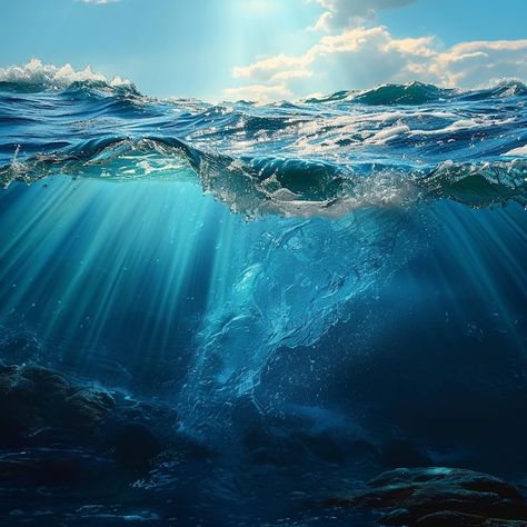 Premium Photo | Underwater blue water sea bed bottom background with sun rays from aqua surface Generative AI Wave Underwater, Sea Bed, Digital Graphics Art, Under The Ocean, Beautiful Ocean Pictures, Water Sea, Waves Background, Waves Crashing, Ocean Pictures