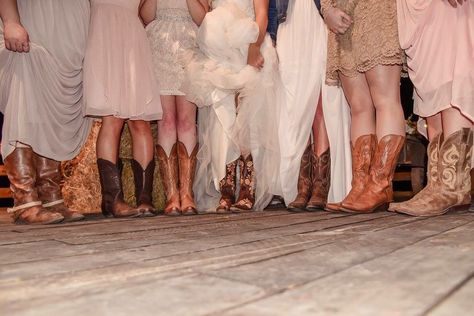 Mismatched Bridesmaids with cowgirl boots. Bridesmaids Cowgirl Boots, Cowboy Boots Bridesmaids, Bridesmaids With Boots, Bridesmaid Cowboy Boots, Cowgirl Bridesmaids, Bridesmaids Cowboy Boots, Bridal Party Mismatched, Wedding Decisions, Bridesmaids Outfits