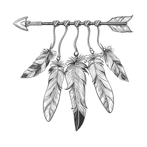 Native American Tattoo Designs, Tattoo Arrow, Indian Feather Tattoos, Native American Tattoo, Vintage Nativity, Feather Drawing, Native Tattoos, Hand Drawn Arrows, Arrow Feather