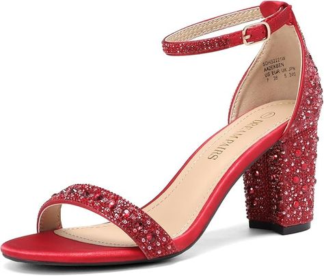 Amazon.com | DREAM PAIRS Women's Chunk Low Heel Pump Sandals,Size 8.5,RED/RHINESTONE,SDHS2221W | Heeled Sandals Sandals High Heels, Silver High Heels, Low Heel Pumps, Rhinestone Sandals, Satin Heels, Chunky Heels Sandals, Wedding Heels, Fashion Heels, Red Rhinestone