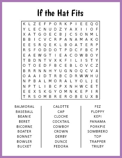 Free printable large-print word search featuirng 24 different types of hats. Large Print Word Search Printable, Large Print Word Searches For Seniors, Large Print Word Search, Word Search Puzzles Printables, Free Printable Word Searches, Senior Games, Word Puzzle, Types Of Hats, Printable Puzzles