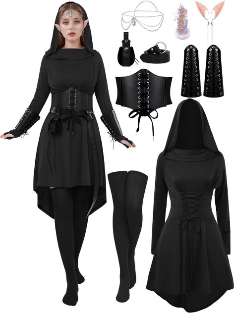 PRICES MAY VARY. Complete Medieval Costume Set: This women renaissance costume set includes what you need for an authentic medieval look: 1 renaissance dress, 1 elastic waist belt, 1 leather belt, 1 pair of leather gloves, 1 leather pouch, 1 pair of stockings,2 elf ears, 1 elf headpiece, 2 earrings, and 1 box of face glitter. With 10 items in total, it's great for costume parties and role-playing events. High-quality Materials for Comfort: Our women elf costume is made primarily from polyester a Elf Headpiece, Elf Accessories, Fairy Costumes, Hooded Robe, Elf, Elastic, Halloween, Design