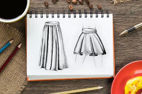 How to Draw a Skirt – Create a Realistic Skirt Drawing Skirt Sketches Fashion Drawings, Draw Skirt, Skirt Sketch, Nature Skirt, Skirt Folds, Skirt Drawing, Drawing With Color, Teaching Sewing, Accordion Skirt