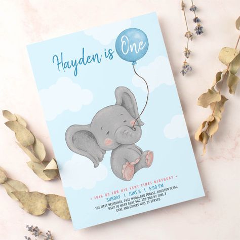 $3.19 - Blue Elephant first birthday party - zgroupon, elephant, elephant first birthday invitations, watercolour, baby elephant invitation, elephant invitation, boy elephant invitations, baby elephant birthday invitations, little peanut invitations, 1st birthday Elephant Birthday Cakes, Elephant Birthday Party, Elephant First Birthday, Colorful Invitations, Elephant Birthday, Baby Boy First Birthday, Birthday Themes For Boys, Blue Balloon, Elephant Theme