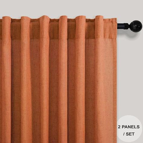 Basic Information: 2 LINEN PANELS in 1 package. Each panel measures width 52 x 96 length. 3-Way Hanging Options: Hang these curtain panels (1) using the back loops to create an elegant pleated effect, (2) from the 3 inch rod pocket for a classic look, or (3) using clip rings for easy, slide open and closed (clip rings are not included) Light Filtering Semi Sheer: Unlike ordinary sheer drapes, the woven texture in the fabric is not too sheer, but thick and opaque enough to creates a semi transpar Burnt Orange Curtains, Fall Curtains, Rustic Cottage Decor, Curtain For Bedroom, Orange Curtains, Bedroom Rustic, Curtains And Draperies, Sheer Drapes, Rustic Cottage