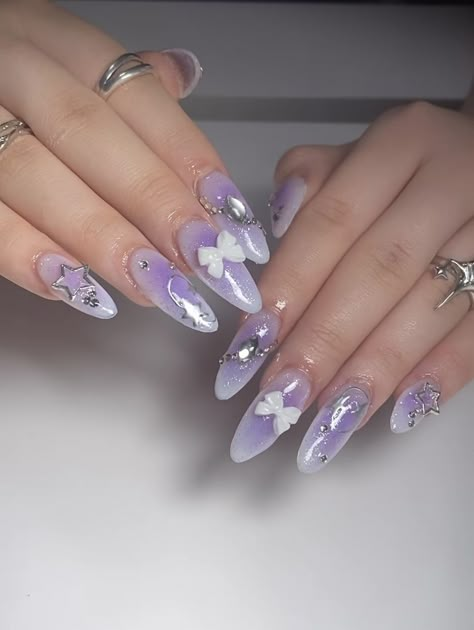 Purple Japanese Nails, Purple Design Nails Acrylic, Purple Charm Nails, 3d Purple Nails, Nail Designs Purple And White, Douyin Nails Purple, Nails For Prom Purple, Gel Nails Ideas Purple, Purple Kawaii Nails