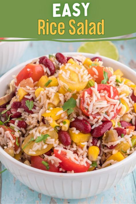 Rice Salad serve in a white bowl. Rice Salad Recipes Cold, Mexican Rice Salad, Cold Rice Salad Recipes, Rice Salad Cold, Rice Salads, Vegetables And Rice, Rice Salad Recipes, Delicious Salad Recipes, Pineapple Fried Rice