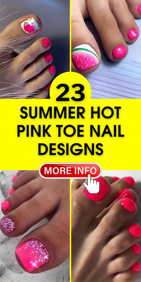 Hot Pink Summer Toenail Designs: Sparkle, Art, and Beach Vibes Footnails Summer Toenails, Top Pedicure Colors Summer 2024, Beachy Toenail Designs, Summer 2024 Pedicure Trends, Pedicure For Beach Vacation, Summer Pedicures 2024, Neon Pedicure Ideas, Summer Toenail Colors 2024, Beach Vacation Pedicure Ideas