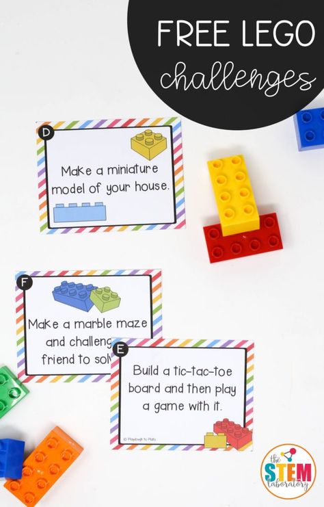 This giant collection of LEGO challenge cards is a simple prep, fun way to sneak some STEM (science, technology, engineering and math) learning into the day. With cards that range from easy to difficult, little engineers will love tackling the designs. Grab your copy below and then hop over to join The Plato Pack so you can download ALL […] Lego Challenge Cards, Lego Stem Challenge, Math Stem Activities, Lego Therapy, Stem Activities Kindergarten, Stem Bins, Stem Boxes, Lego Math, Lego Challenge