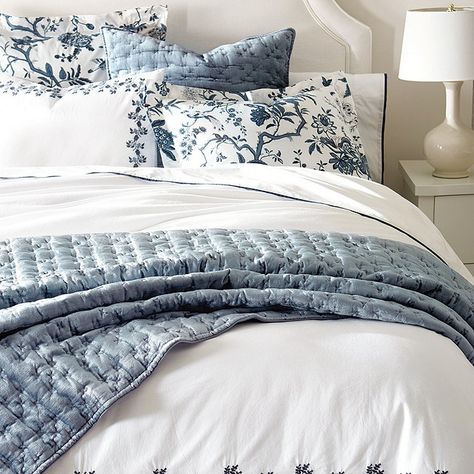 Margot Velvet Quilt Quilt Cross Stitch, Blue And Cream Bedroom, Eucalyptus Bedding, Luxurious Bedding, Velvet Bedding Sets, Embroidered Bedding, Indigo Pillows, Guest Bedroom Decor, Velvet Quilt