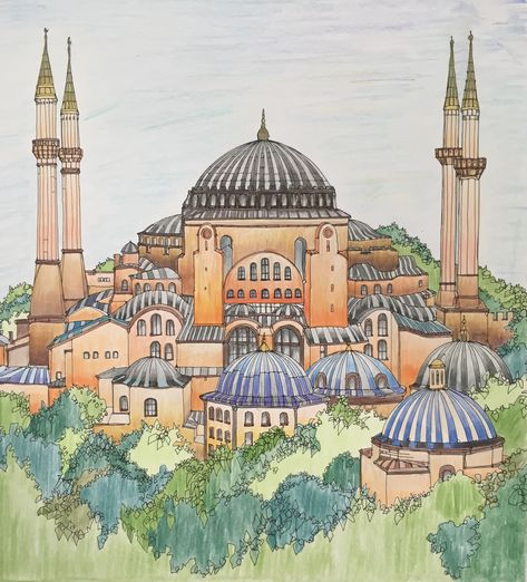 Landmarks of the World: Hagia Sophia Hagia Sophia Painting, Hagia Sophia Drawing, Landmarks Of The World, Mosque Drawing, Byzantine Army, Turkey Art, History Posters, Islamic Art Canvas, Drawing Tutorial Face