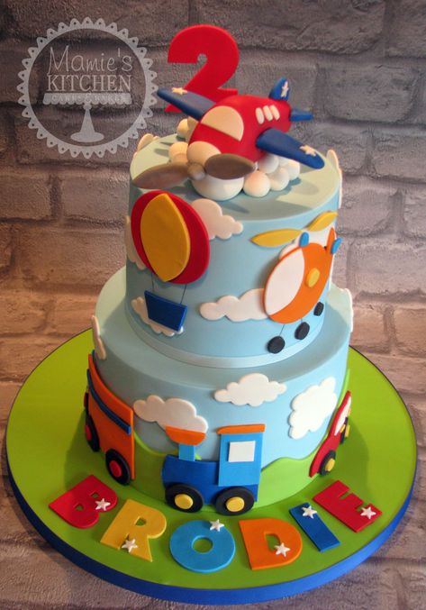 Vehicle Themed Birthday Cake, Transportation Cakes For Boys, Vehicle Cakes For Boys, Vehicle Theme Cake, Cars Cake Design, Airplane Birthday Cakes, Cars Theme Cake, Train Theme Birthday Party, Second Birthday Cakes