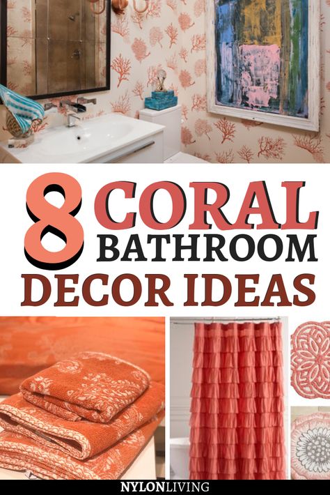 The new fave coral peach color is a perfect shade for the more intimate spaces in your home. It also doesn’t have the vibrance of orange which may not be the most soothing color. What about some coral bathroom ideas? You have a wide choice of coral colored bathroom decor: coral towels, coral bath rugs, coral curtains… Check out 8 coral bathroom decor ideas. #coral #bathroomdecor #bathroomdesign #bathroomideas Peach Colored Bathroom Ideas, Coral And Turquoise Bathroom, Coral Bathroom Decor Ideas, Coral And Gray Bathroom, Coral Color Bathroom Ideas, Apricot Bathroom Ideas, Peach Colored Bathroom, Coral And Blue Bathroom, Coral Shower Curtain