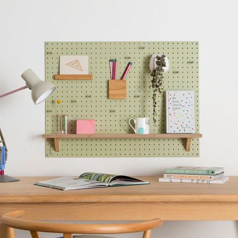 Pegboard organization ideas from Block Design. Large green pegboard with wooden pegs and accessories, made in the UK. Peg board display is great for craft rooms, the studio and kitchen. #pegboards #pegboard #pegboardorganization #pegboardideas #pegboardforkids #pegboarddisplay #pegboardforcraftroom Pegboard Bedroom, Green Pegboard, Pegboard Ideas Aesthetic, Pegboard Desk, Wooden Peg Board, Diy Peg Board, Large Pegboard, Peg Board Walls, Pegboard Ideas