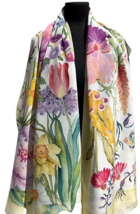 Hand Painted Stoles Silk Scarves, Floral Scarf Design, Hand Painted Suits, Silk Prints, Flower Shawl, Silk Colors, Shawl Design, Womens Birthday, Handpainted Silk Scarves