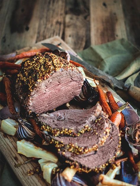 Scotch Fillet Roast with Mustard Rub and Veg | Australian Beef - Recipes, Cooking Tips and More Fillet Roast Recipes, English Beef Roast Recipes, Roast Beef Fillet Recipes, Eye Fillet Roast, British Roast Beef, Roasted Nuts Recipe, Irish Foods, Cooking Roast Beef, Dehydrated Foods