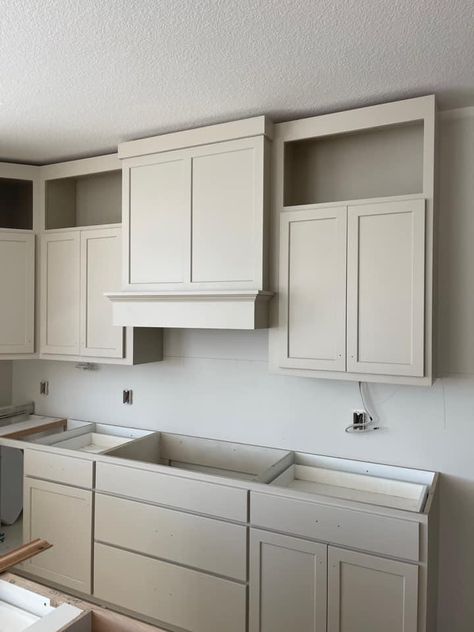 Sherwin Williams Shiitake, Greige Kitchen Cabinets, Taupe Kitchen Cabinets, Beige Kitchen Cabinets, Greige Kitchen, Taupe Kitchen, Beige Cabinets, Off White Kitchens, White Kitchen Island