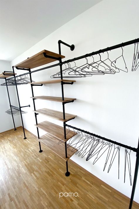 Room To Walk In Closet Diy, Industrial Style Dressing Room, Industrial Walk In Closet Ideas, Turning A Wall Into A Closet, Steel Closet Design, Office With Clothes Rack, Clothing Rack Walk In Closet, Exposed Closet Ideas Open Wardrobe, Diy Closet On Wall