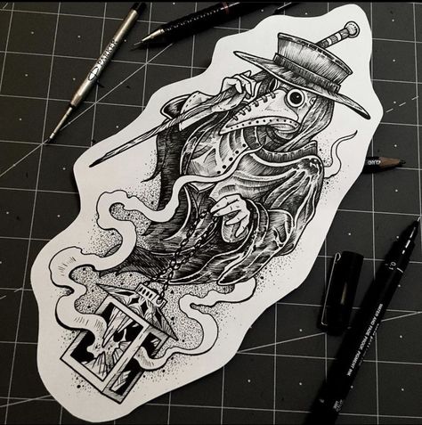 Dr Plague Drawing, Spooky Sleeve Tattoo Men, Plague Doctor Tattoo Sleeve, Plague Doctor Tattoo Realism, Plauge Doctor Tattoo Neotraditional, Plague Doctor Tattoos, Plague Doctor Drawings, Pleg Doctor Tattoos, Plague Doctor Tattoo Creepy