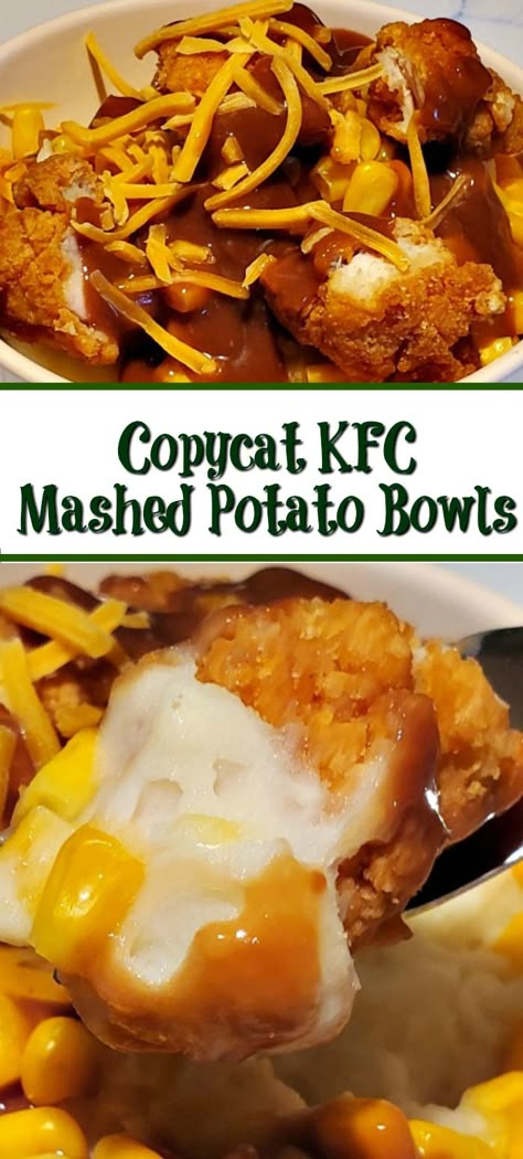 These Copycat KFC Mashed Potato Bowls Recipe are the perfect copy cat KFC potato bowls! So easy to make at home for a fraction of the price as well! #mashedpotatoes #potatobowls #copycatkfc Kfc Bowls, Kfc Mashed Potatoes, Mashed Potato Bowls, Potato Bowl Recipe, Copycat Kfc, Potato Bowls, Kfc Chicken Recipe, Potatoes Chicken, Chicken Mashed Potatoes