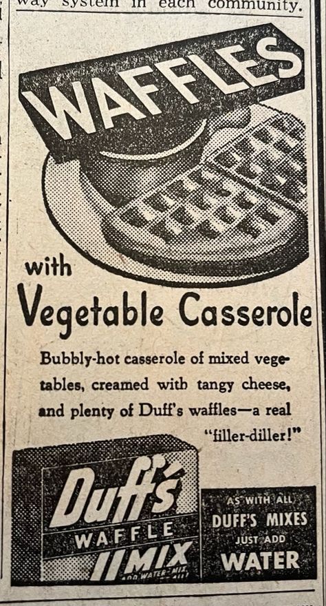 Vintage advertisement from a March 1945 Richmond Times Dispatch Newspaper. #vintagead #newspaperad Cartoon Newspaper, Newspaper Cartoons, Vegetable Casserole, Waffle Mix, Retro Ads, Old Newspaper, Jasmine Rice, Vintage Advertisement, Vintage Cartoon