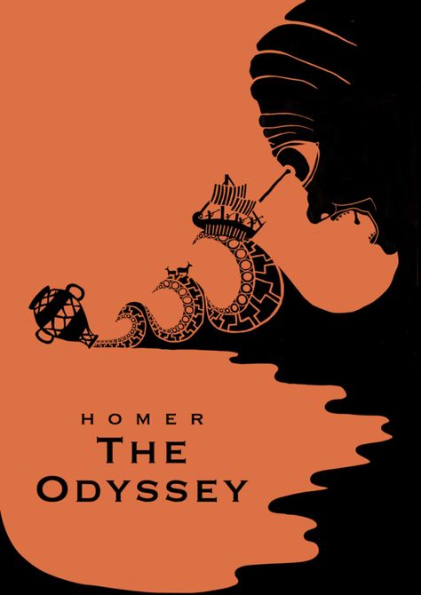 The Odyssey by Homer, black and orange greek mythology inspired book poster depicting the escape from the cyclops. Greek Mythology Wall Prints, Homer Greek Mythology, Greek Mythology Prints, Ancient Greek Mythology Art, Greek Gods Poster, Greek Mythology Graphic Design, Mythology Graphic Design, The Odyssey Aesthetic, The Odyssey Art