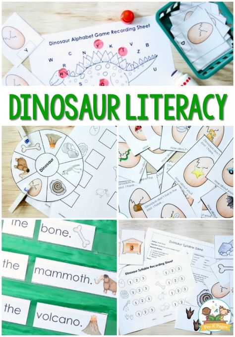 Dinosaur Literacy Activities for Preschool. Syllables, letter identification, rhyming, concepts of print and more! #preschool Dinosaur Literacy Activities, Preschool Dinosaur Theme, Preschool Literacy Activities, Preschool Dinosaurs, Learning Activities For Preschool, Pre K Lesson Plans, Dinosaur Week, Dinosaur Theme Preschool, Classroom Alphabet