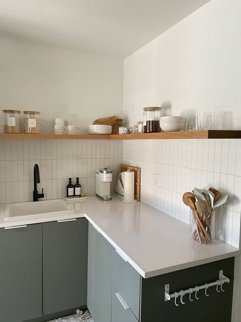 Cozy Happy Home: Scandi Calcite Kitchen | Fireclay Tile Half Wall Tile Kitchen, Sturdy Floating Shelves, Scandi Kitchens, Small Kitchen Tiles, Scandinavian Interior Kitchen, Modern Wood Kitchen, Scandi Kitchen, Kitchen Shelf Decor, White Calcite